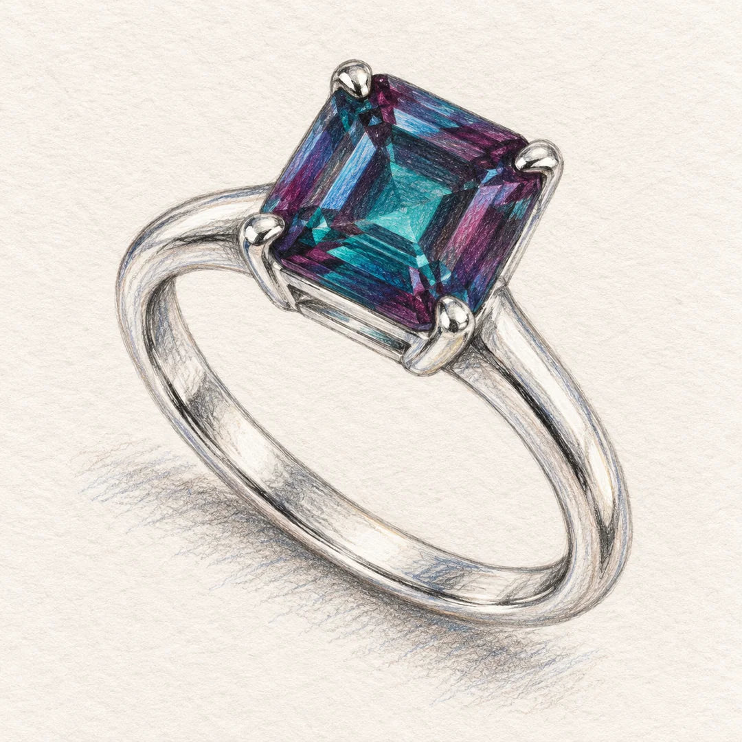 Coloured-pencil design sketch of a ring: a square Asscher-cut alexandrite in four claws on a slim band