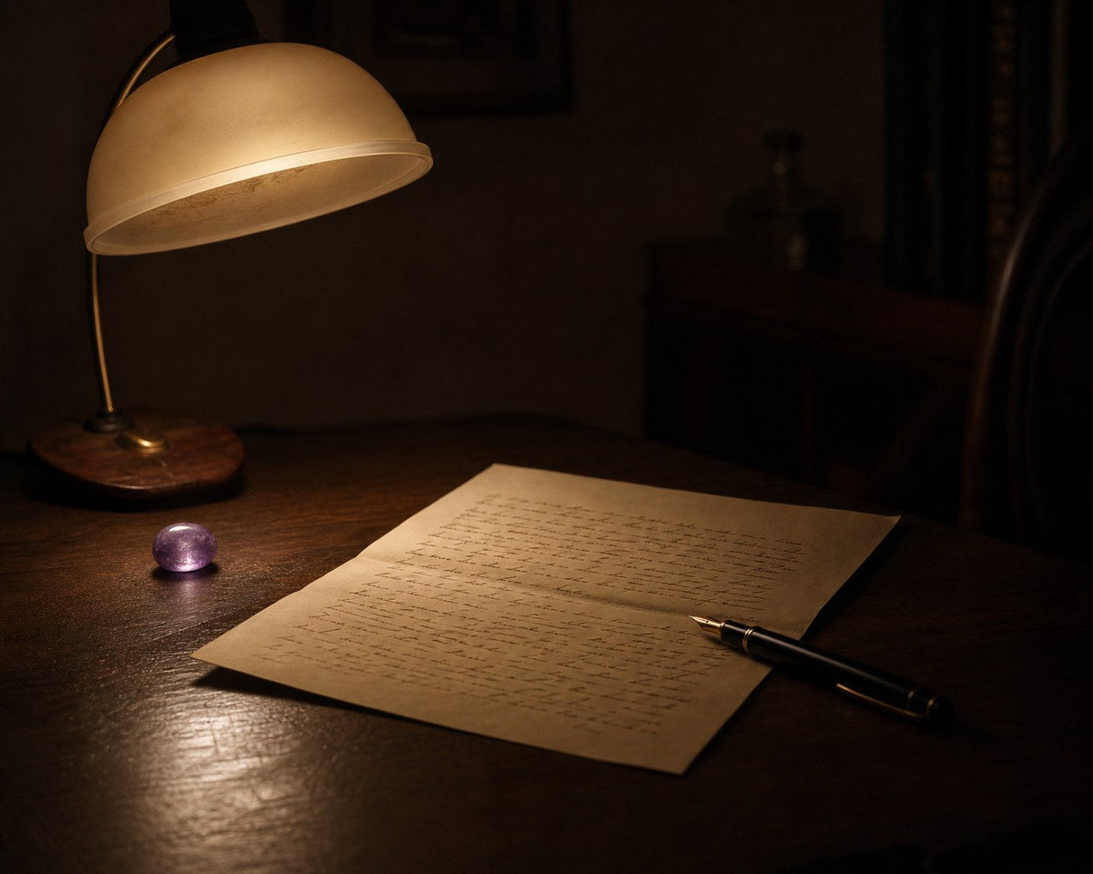 A handwritten letter under warm lamplight, a small stone glowing soft violet