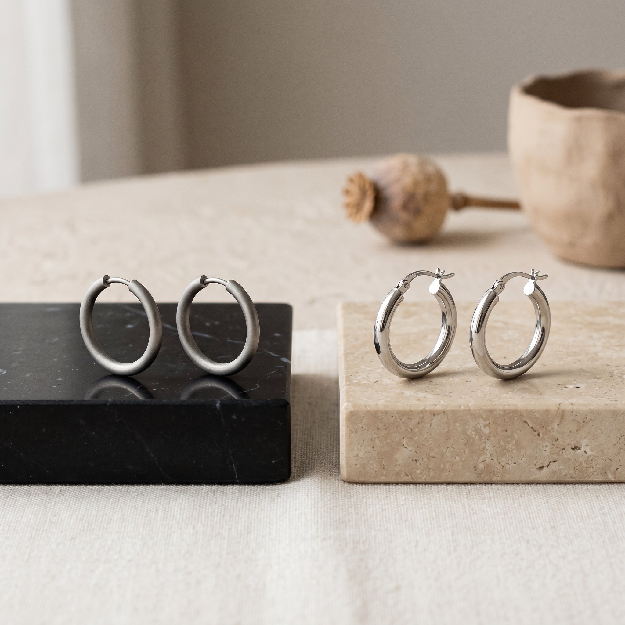 Titanium and surgical steel earrings arranged for a comparison guide.