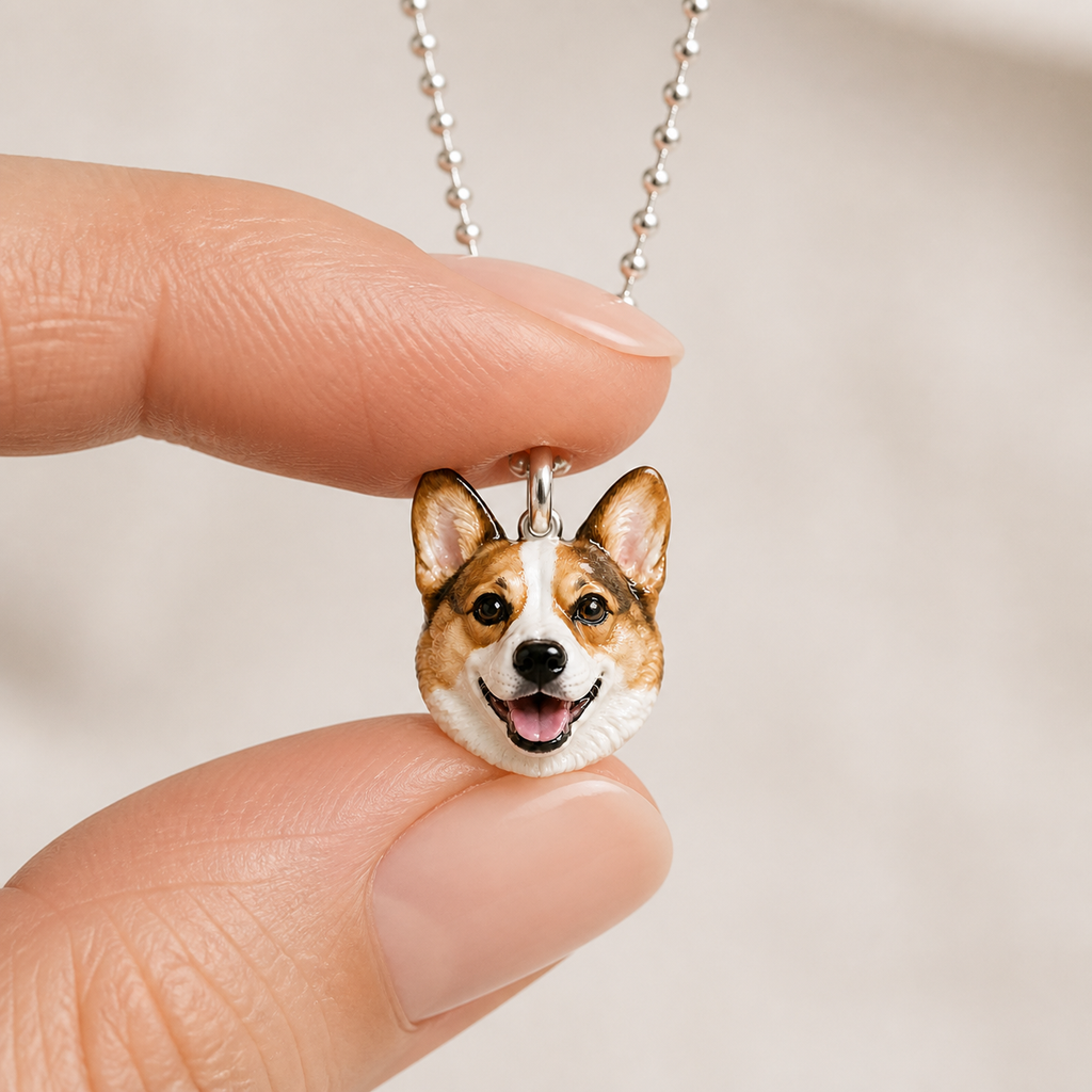 Two centimeter enamel corgi pet pendant held between fingertips for scale.