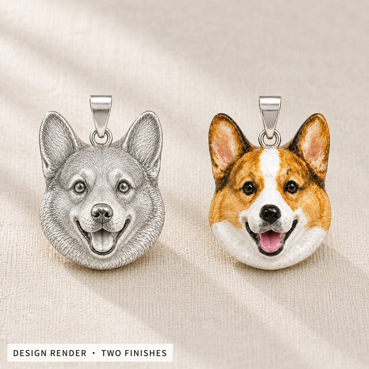 Design render: unpainted and hand-painted enamel finishes side by side