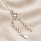 Close-up of the spring clasp, 5 cm extender and teardrop tag