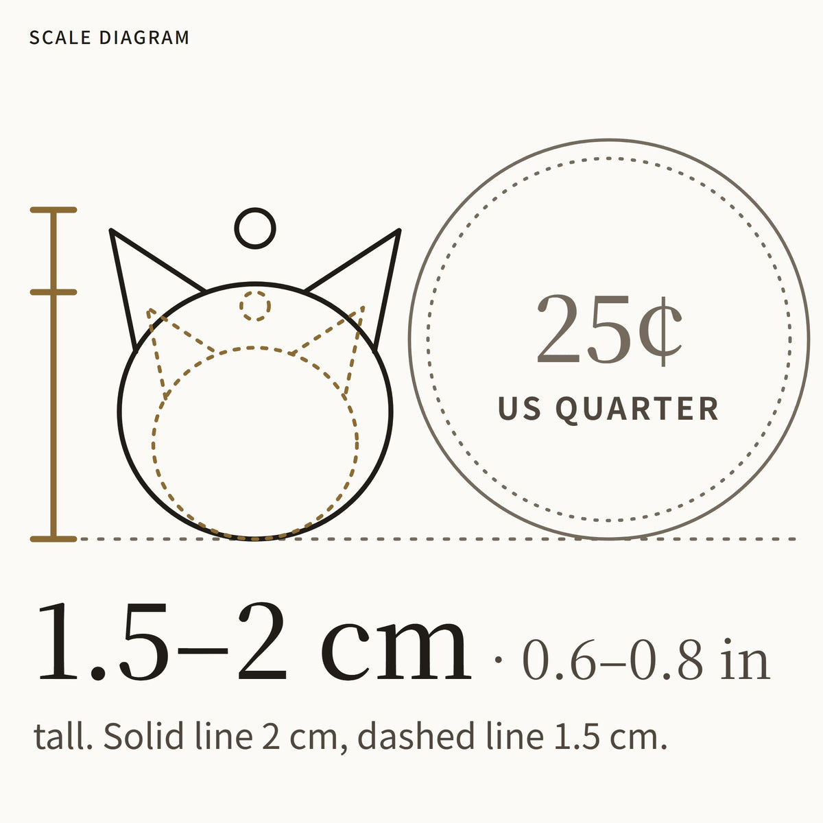 Scale diagram: the pendant is about 1.5 to 2 cm tall, shown beside a US quarter