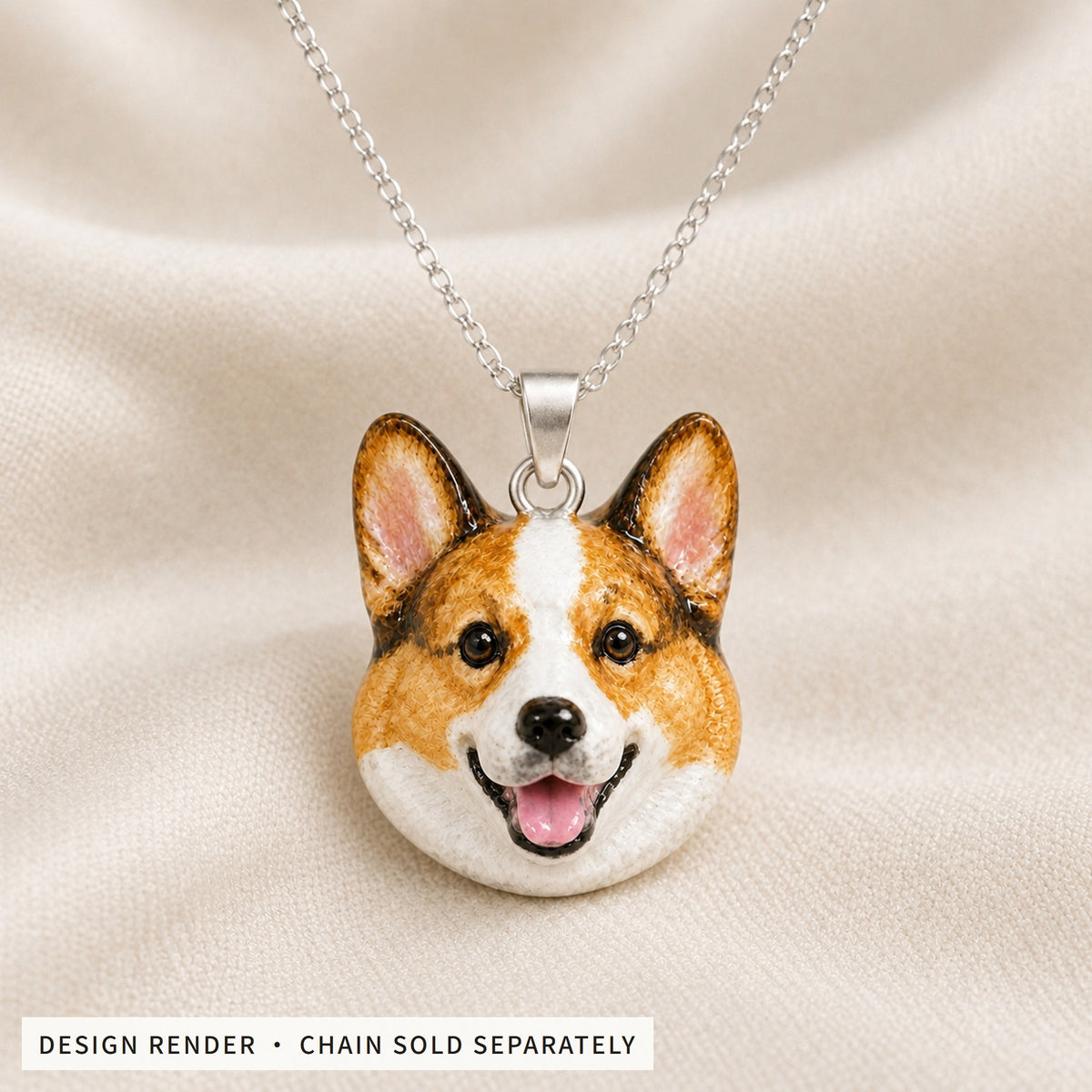 Design render: white copper pet portrait pendant with hand-painted enamel, sample design, chain sold separately