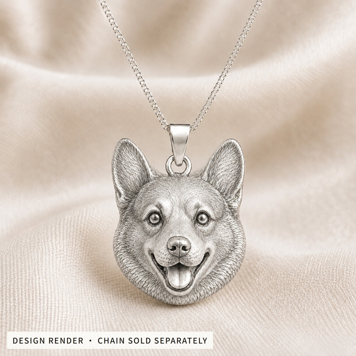 Design render: unpainted 925 sterling silver pet portrait pendant, sample design, chain sold separately