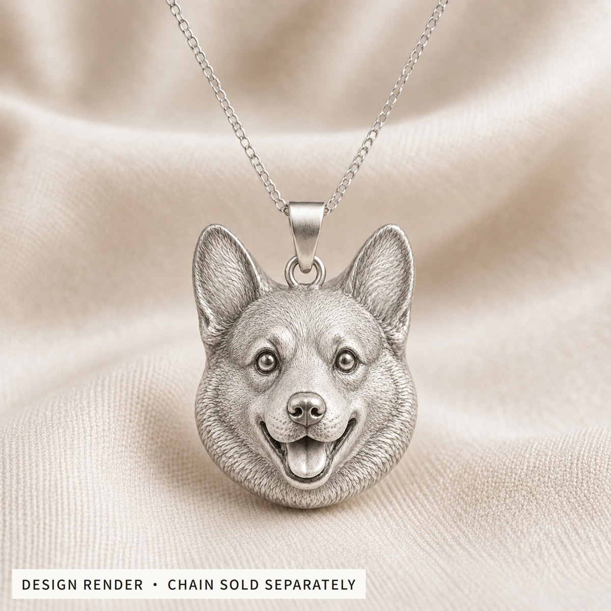 Design render: unpainted white copper pet portrait pendant, sample design, chain sold separately