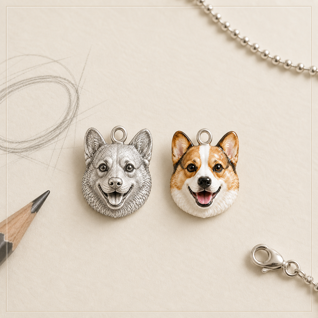 Silver sculpt preview and hand-colored enamel corgi pendant shown side by side.
