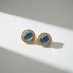 Azure Halo Minimalist Stud Earrings – Ocean-Blue Crystal & Mother of Pearl / Gold