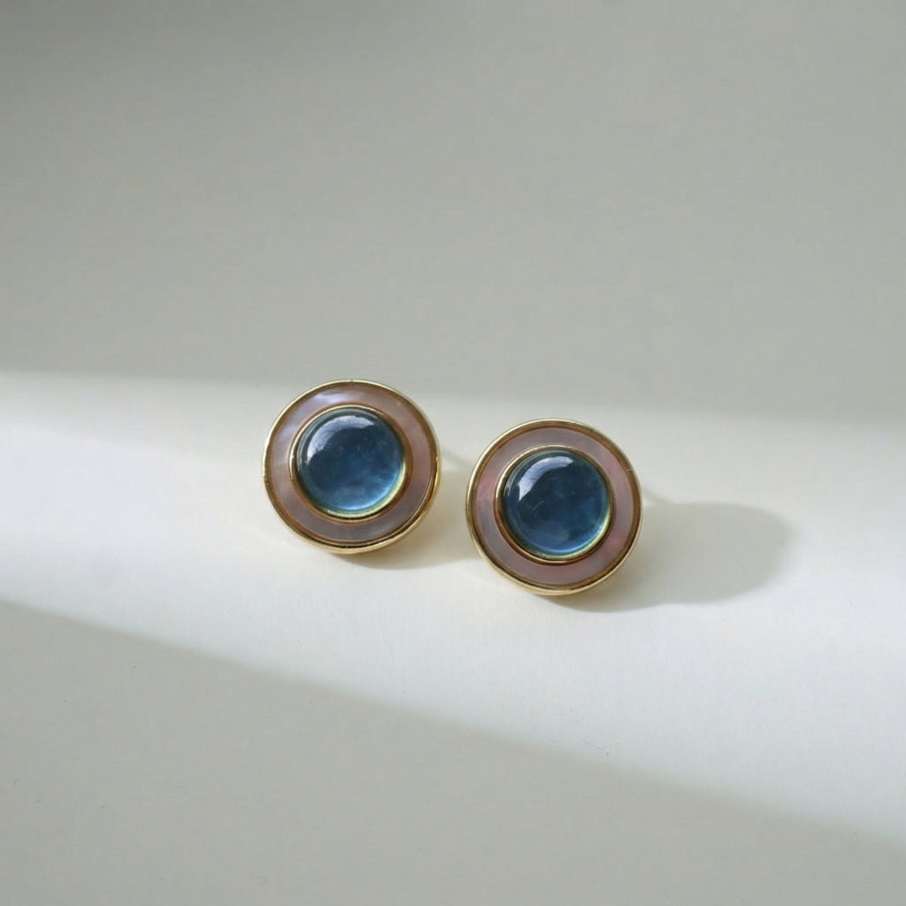 Azure Halo Minimalist Stud Earrings – Ocean-Blue Crystal & Mother of Pearl / Gold