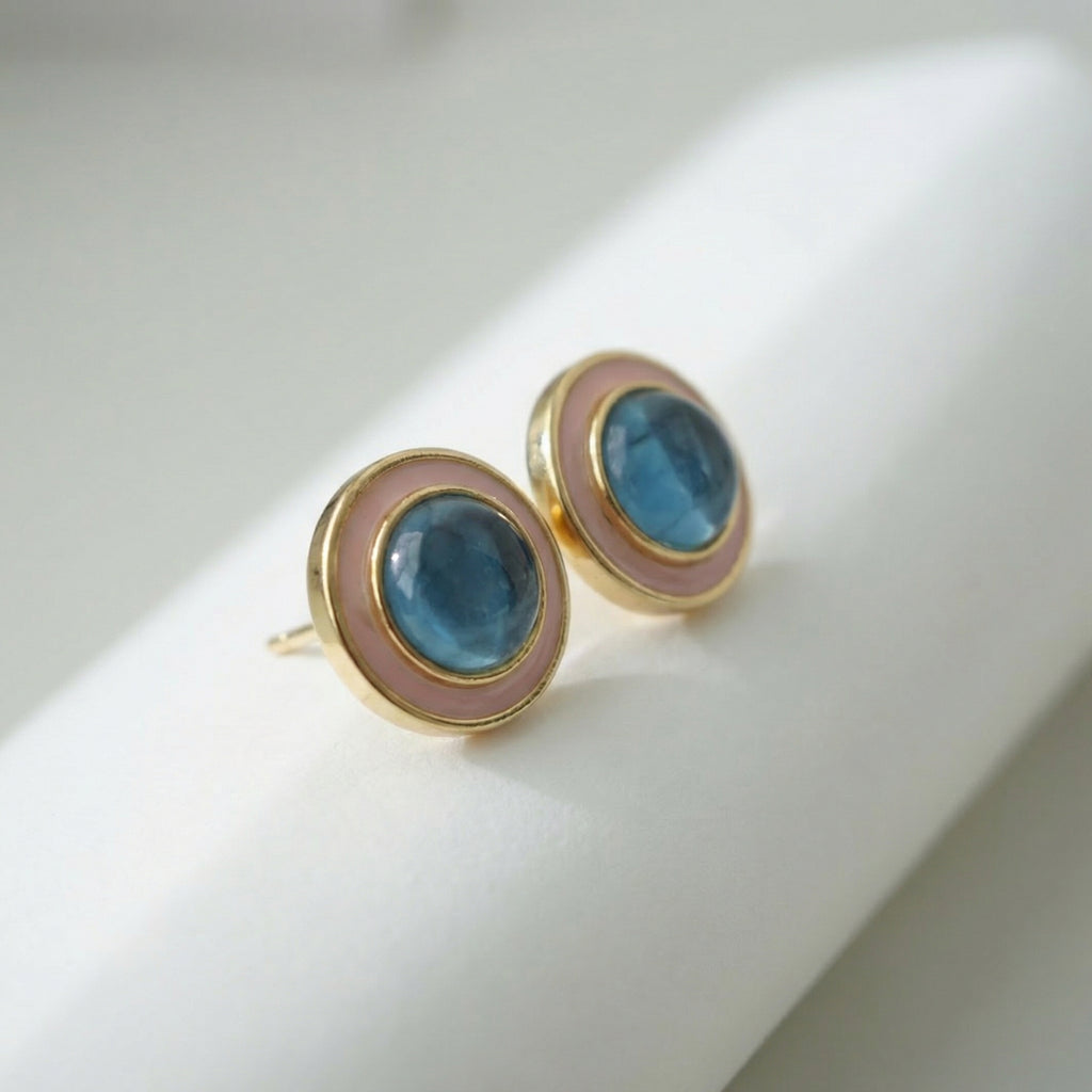 Azure Halo Minimalist Stud Earrings – Ocean-Blue Crystal & Mother of Pearl / Gold