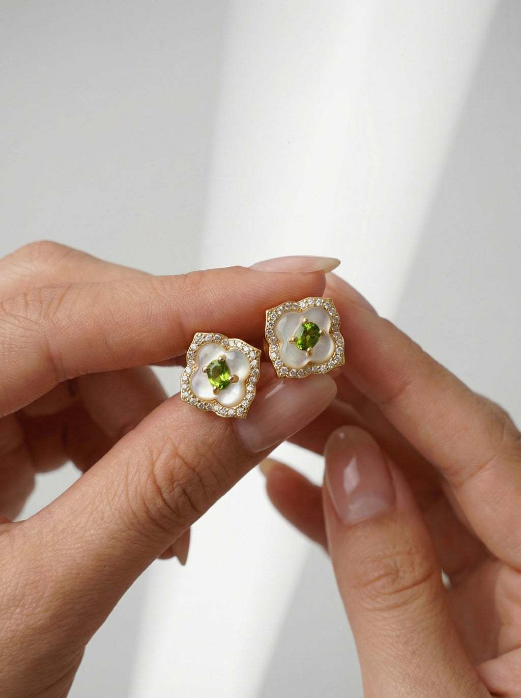 Begonia Vintage Stud Earrings – Gold Vermeil / Green Diopside & Mother of Pearl