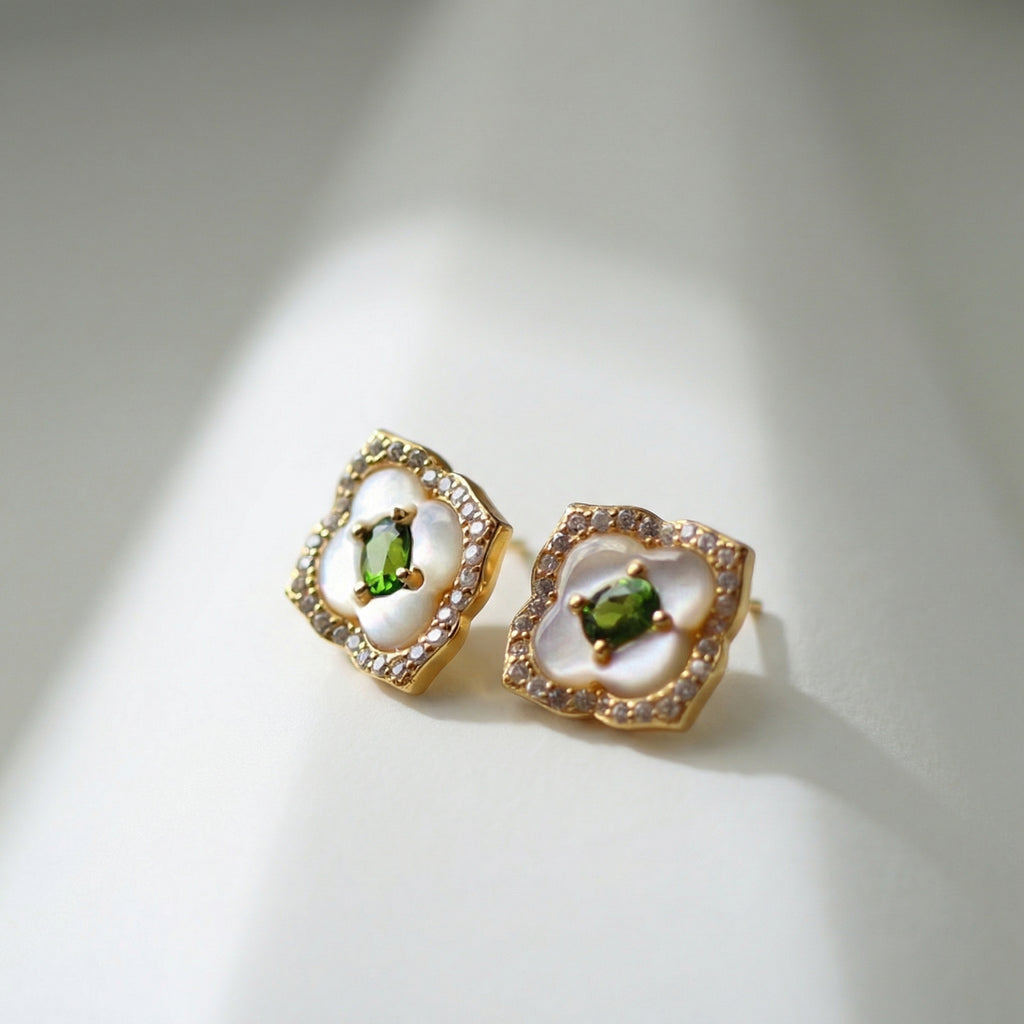 Begonia Vintage Stud Earrings – Gold Vermeil / Green Diopside & Mother of Pearl