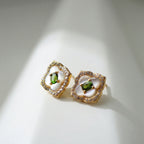Begonia Vintage Stud Earrings – Gold Vermeil / Green Diopside & Mother of Pearl