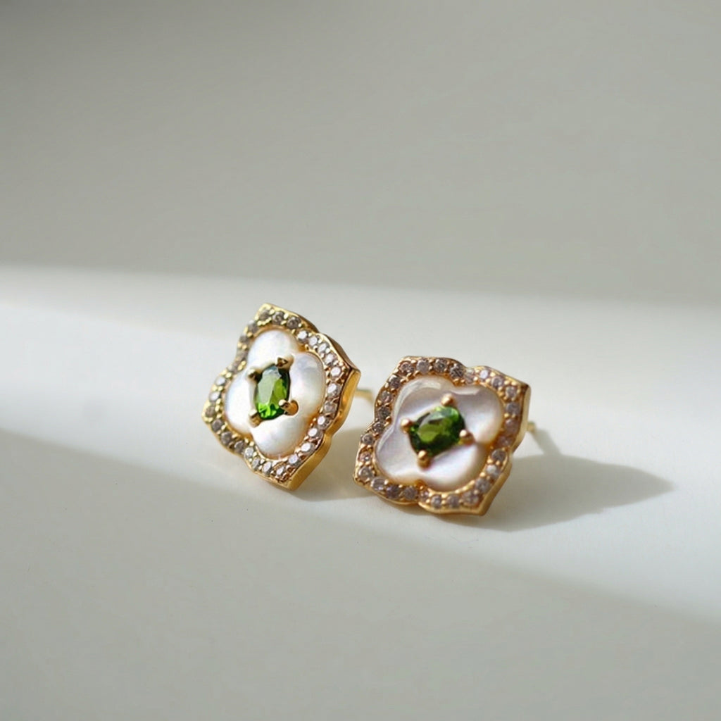 Begonia Vintage Stud Earrings – Gold Vermeil / Green Diopside & Mother of Pearl
