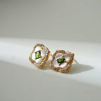 Begonia Vintage Stud Earrings – Gold Vermeil / Green Diopside & Mother of Pearl