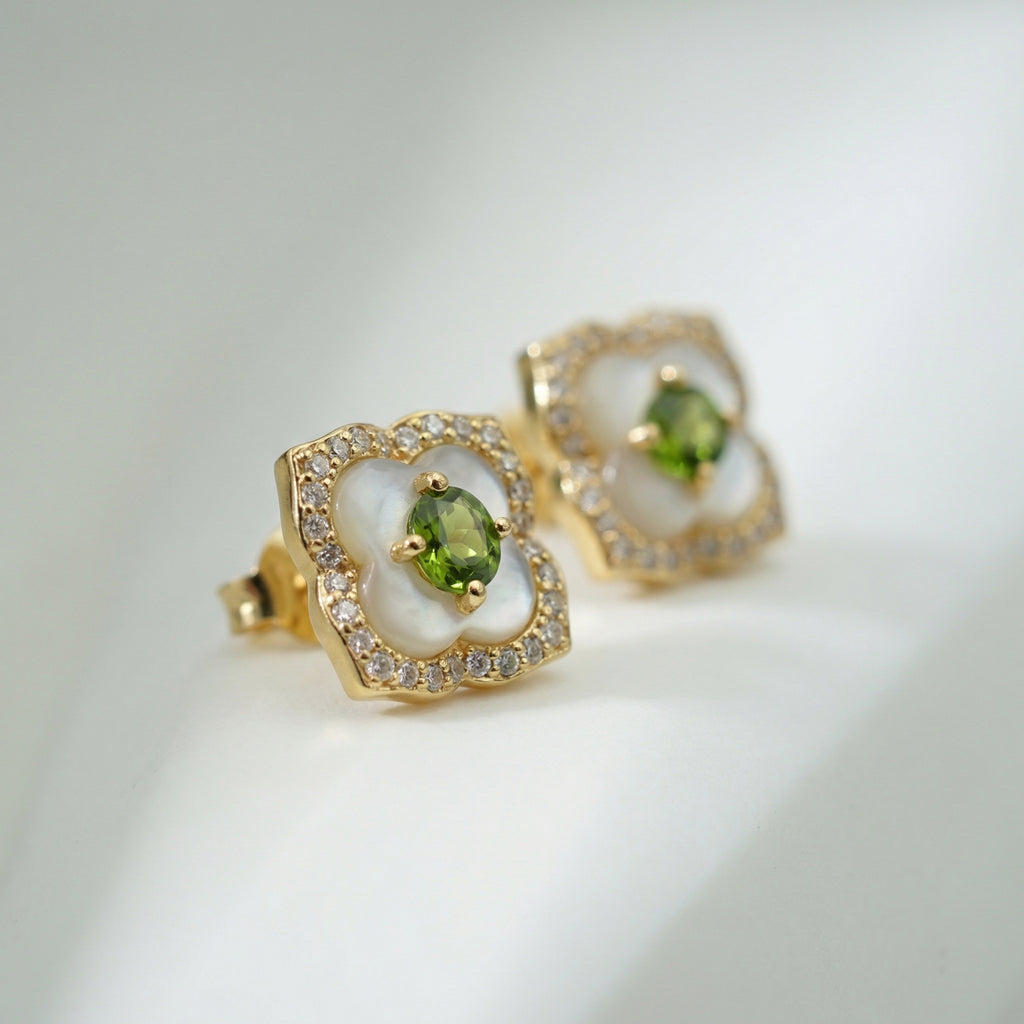 Begonia Vintage Stud Earrings – Gold Vermeil / Green Diopside & Mother of Pearl