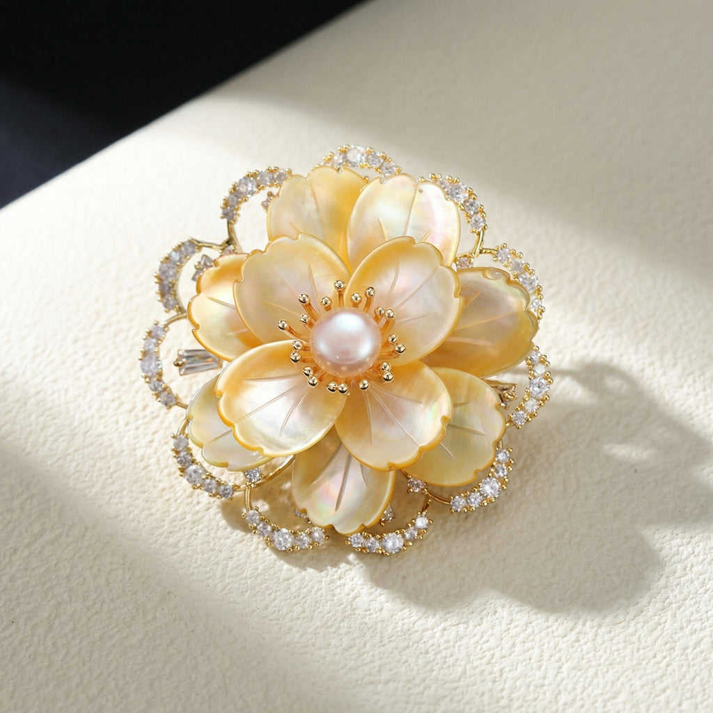 Imperial Peony Statement Brooch – Yellow Mother of Pearl / Gold