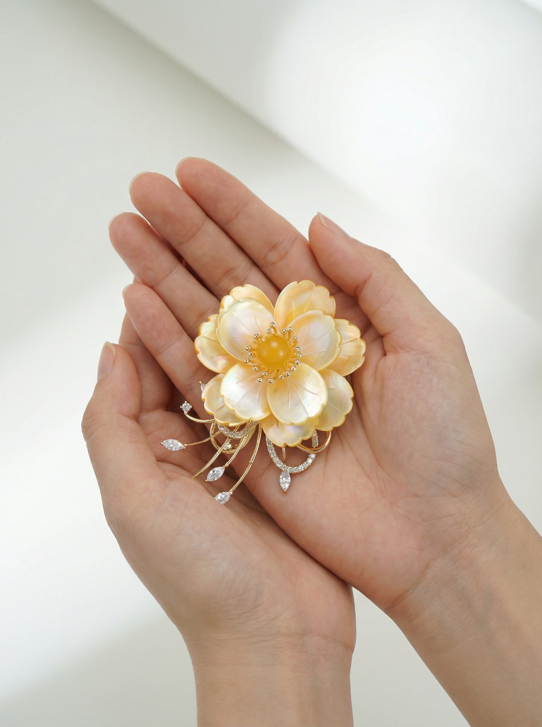 Golden Peony Statement Brooch – Mother of Pearl / Gold