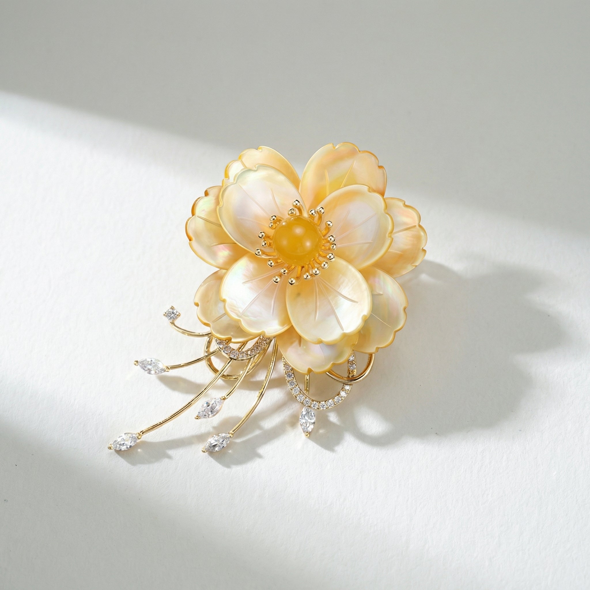 Golden Peony Statement Brooch – Mother of Pearl / Gold