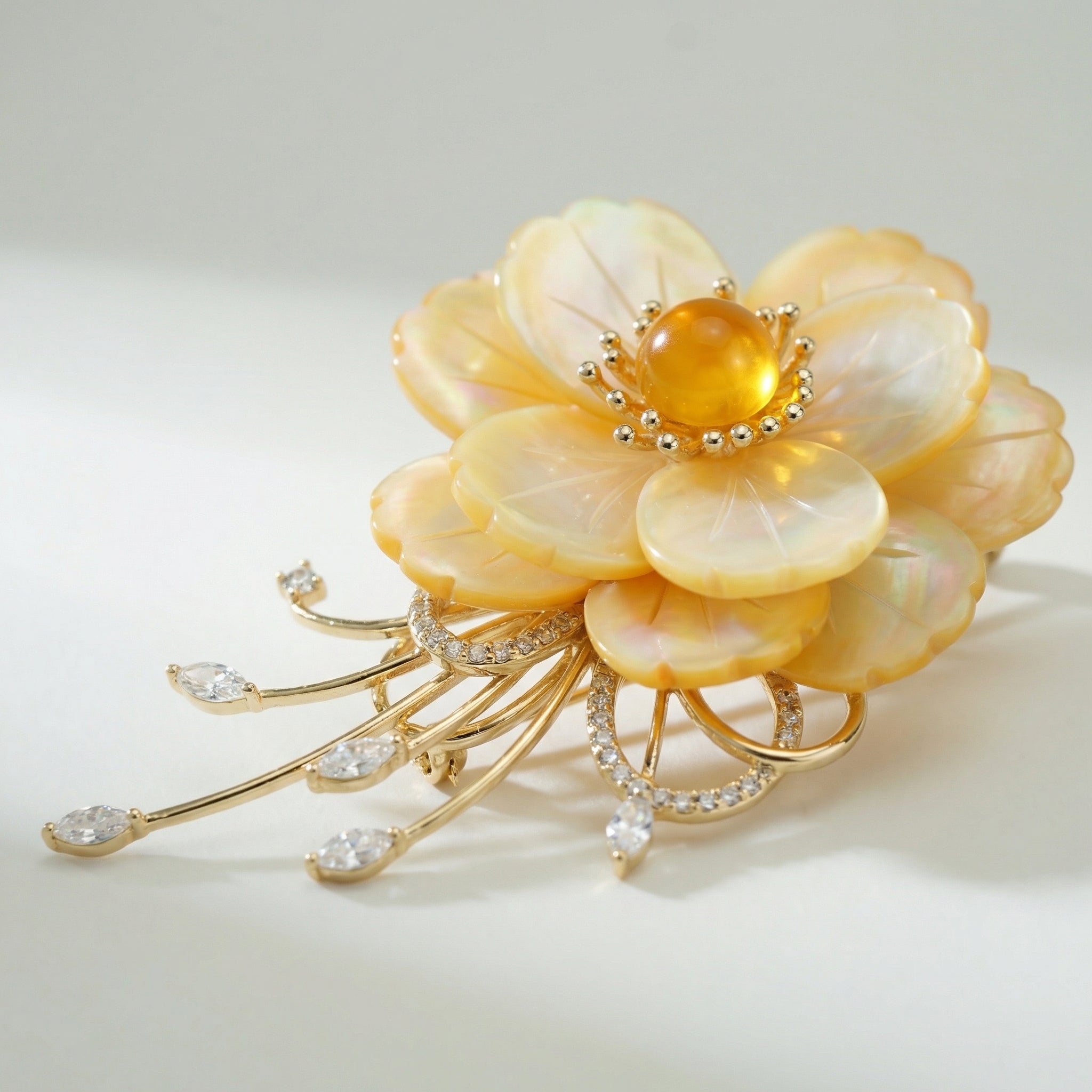 Golden Peony Statement Brooch – Mother of Pearl / Gold