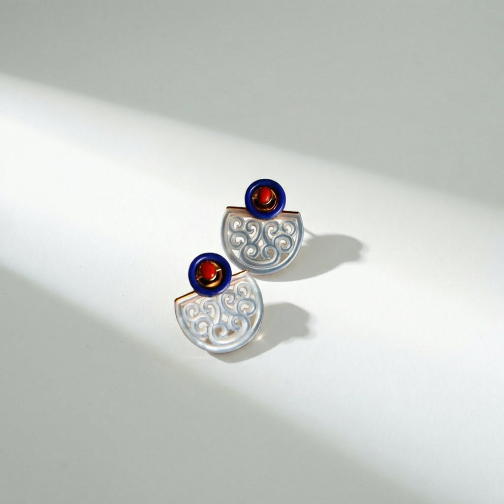 Auspicious Cloud Carved Stud Earrings – Mother of Pearl / Lapis Lazuli