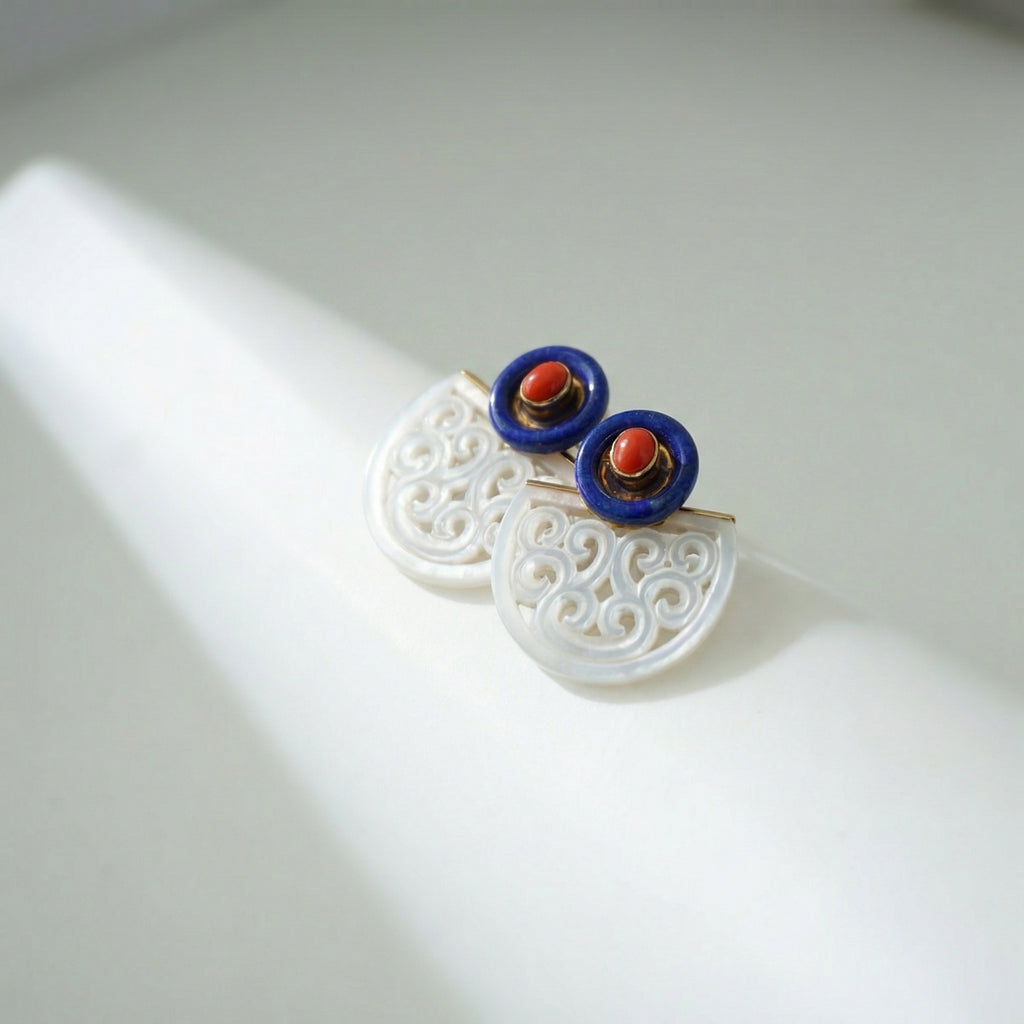 Auspicious Cloud Carved Stud Earrings – Mother of Pearl / Lapis Lazuli