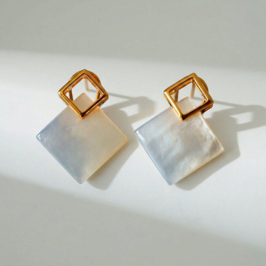 Luminous Square Geometric Stud Earrings – Mother of Pearl / Gold Vermeil