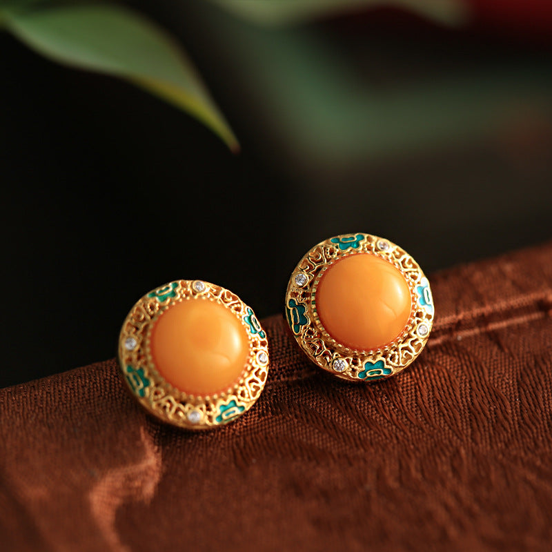 Golden Amber Enamel Stud Earrings – 18K Gold Vermeil