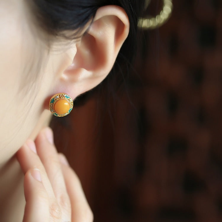 Golden Amber Enamel Stud Earrings – 18K Gold Vermeil