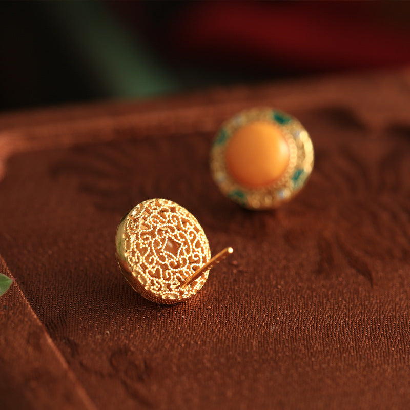 Golden Amber Enamel Stud Earrings – 18K Gold Vermeil