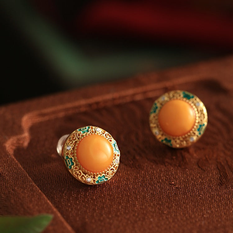 Golden Amber Enamel Stud Earrings – 18K Gold Vermeil