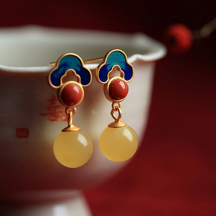 Ruyi Cloud Enamel Stud Earrings – Amber & White Jade, 18K Gold Vermeil