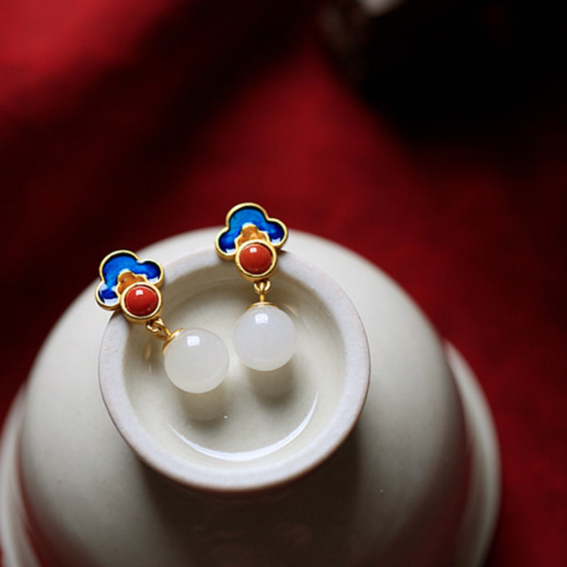 Ruyi Cloud Enamel Stud Earrings – Amber & White Jade, 18K Gold Vermeil