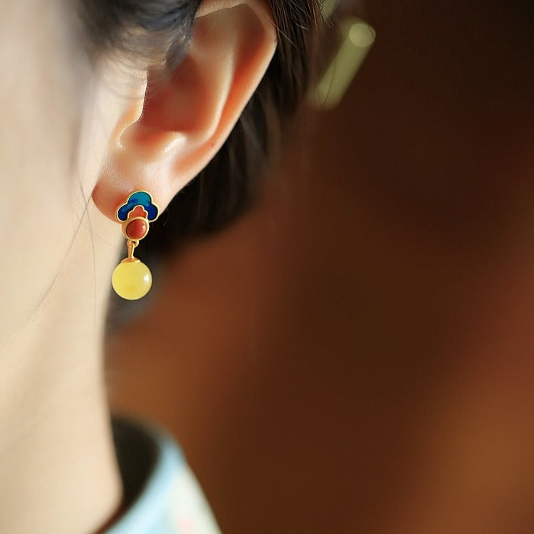 Ruyi Cloud Enamel Stud Earrings – Amber & White Jade, 18K Gold Vermeil