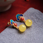 Ruyi Cloud Enamel Stud Earrings – Amber & White Jade, 18K Gold Vermeil