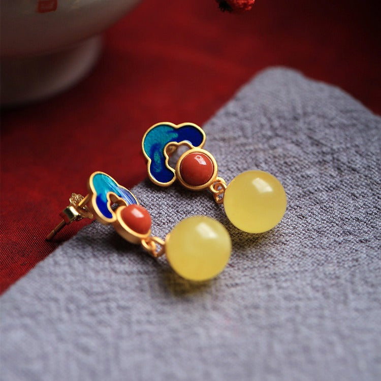 Ruyi Cloud Enamel Stud Earrings – Amber & White Jade, 18K Gold Vermeil