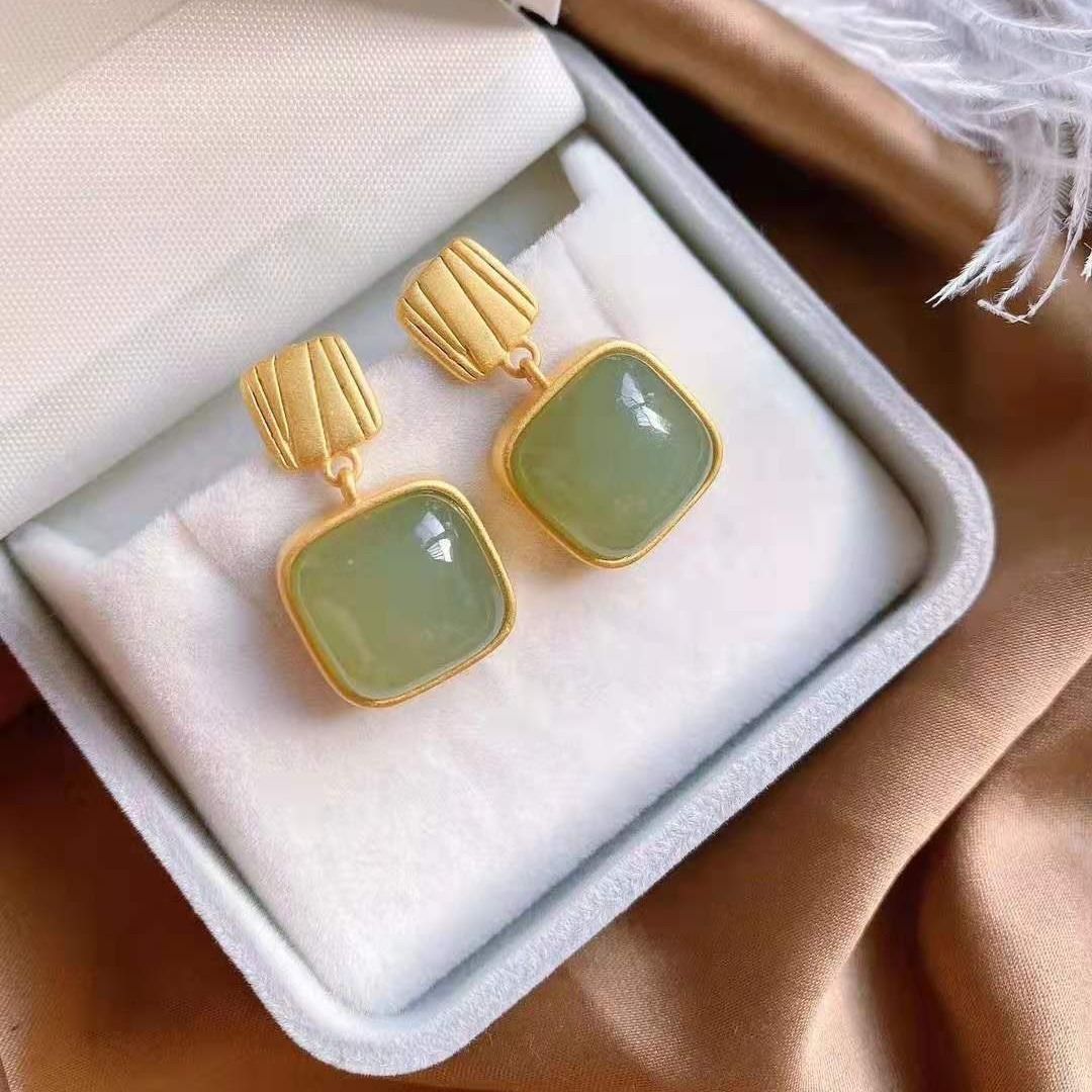 Hetian Jade Geometric Stud Earrings – Green / White / Red Jade, 18K Gold Vermeil