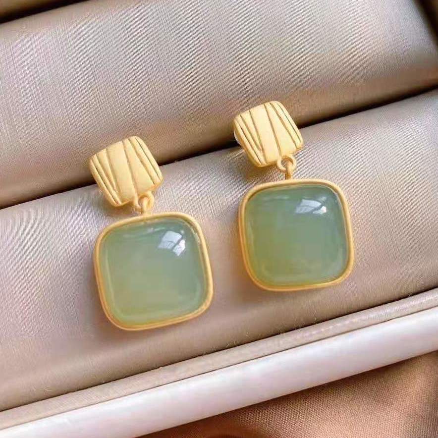 Hetian Jade Geometric Stud Earrings – Green / White / Red Jade, 18K Gold Vermeil