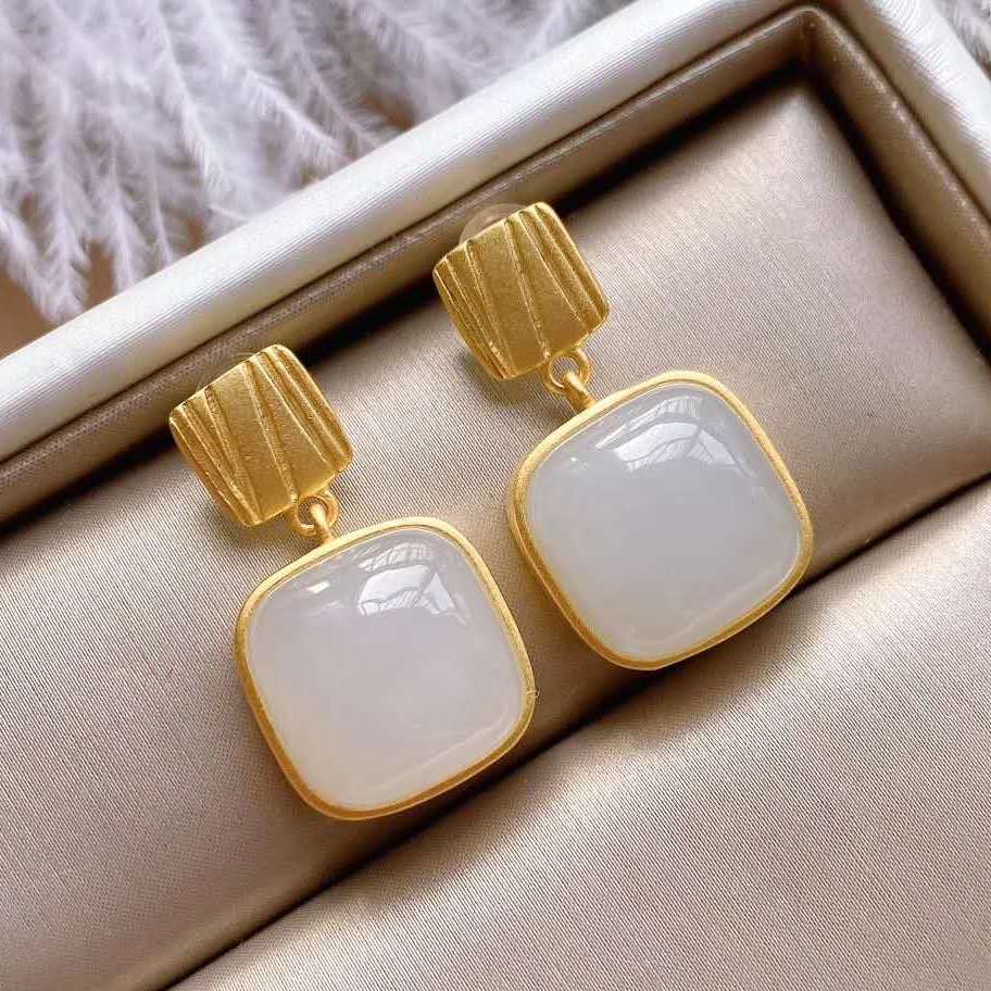 Hetian Jade Geometric Stud Earrings – Green / White / Red Jade, 18K Gold Vermeil