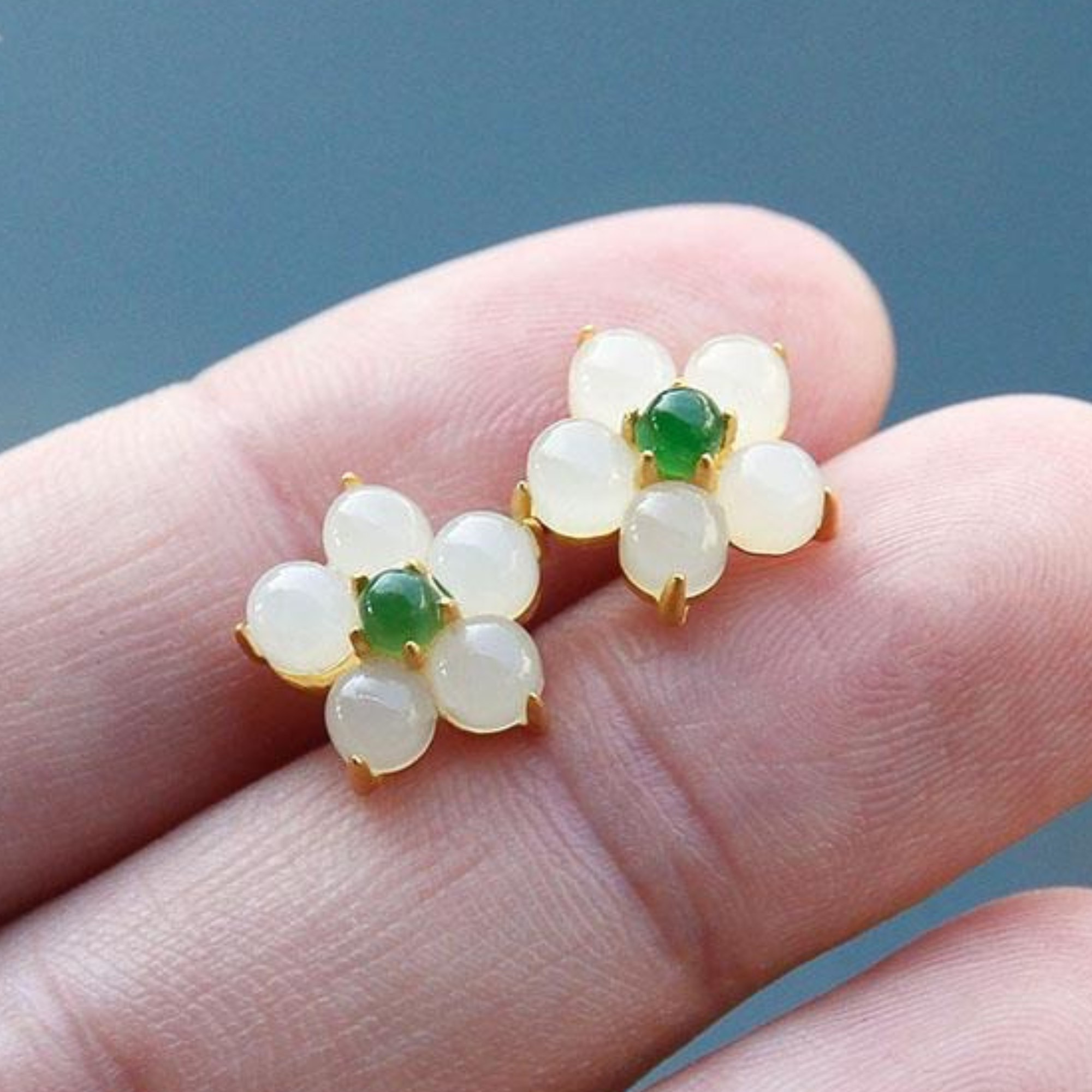 Floral White Jade Stud Earrings – 18K Gold Vermeil