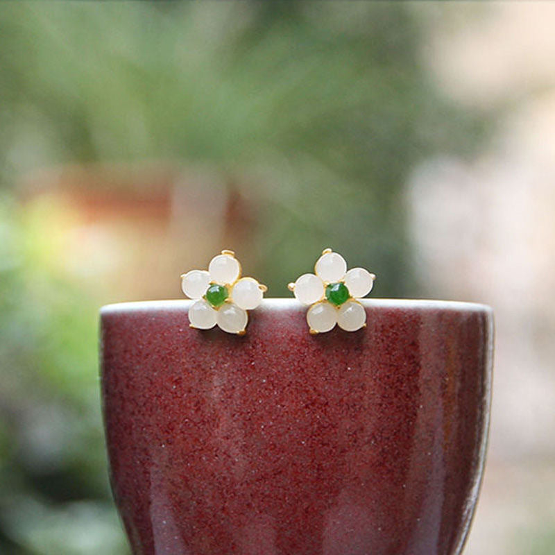 Floral White Jade Stud Earrings – 18K Gold Vermeil