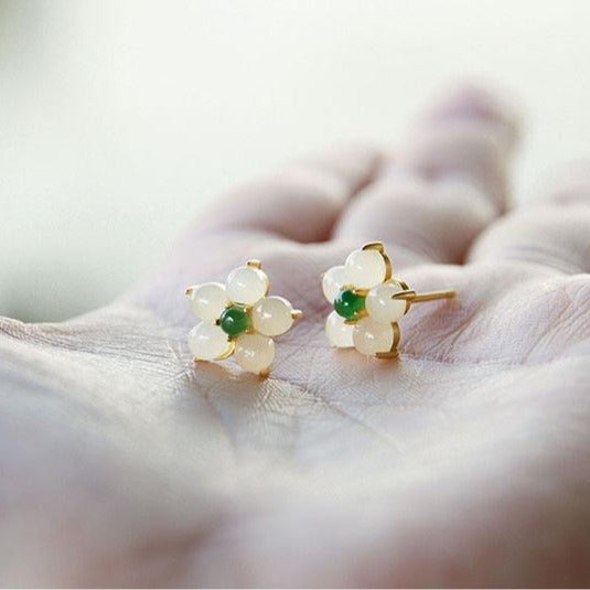 Floral White Jade Stud Earrings – 18K Gold Vermeil