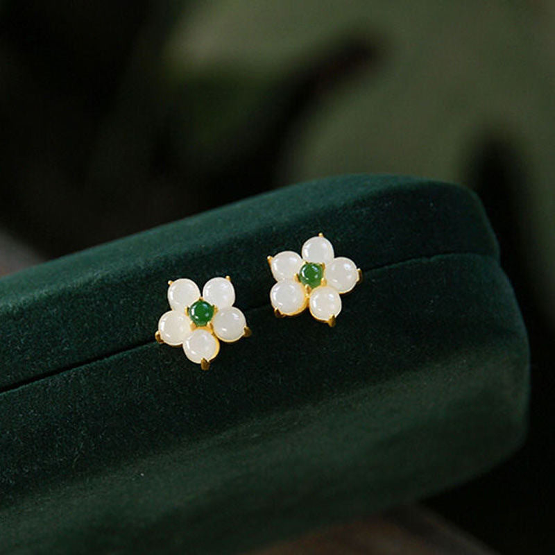 Floral White Jade Stud Earrings – 18K Gold Vermeil