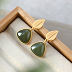 Hetian Green Jade Leaf Stud Earrings – 18K Gold Vermeil