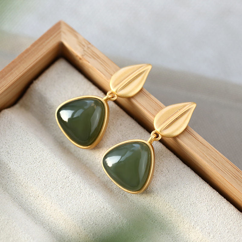 Hetian Green Jade Leaf Stud Earrings – 18K Gold Vermeil