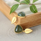Hetian Green Jade Leaf Stud Earrings – 18K Gold Vermeil