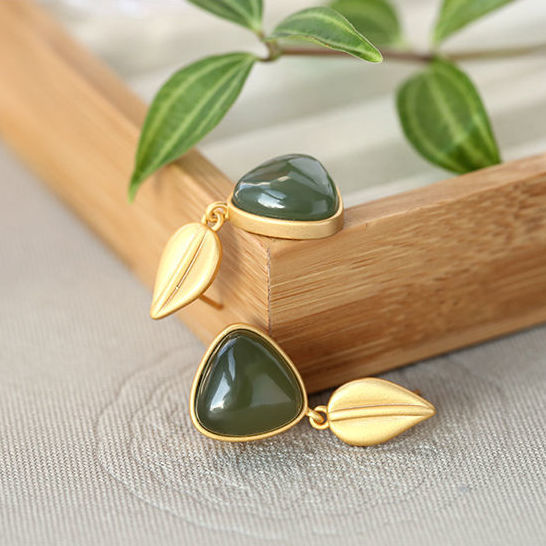 Hetian Green Jade Leaf Stud Earrings – 18K Gold Vermeil