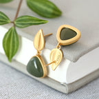 Hetian Green Jade Leaf Stud Earrings – 18K Gold Vermeil