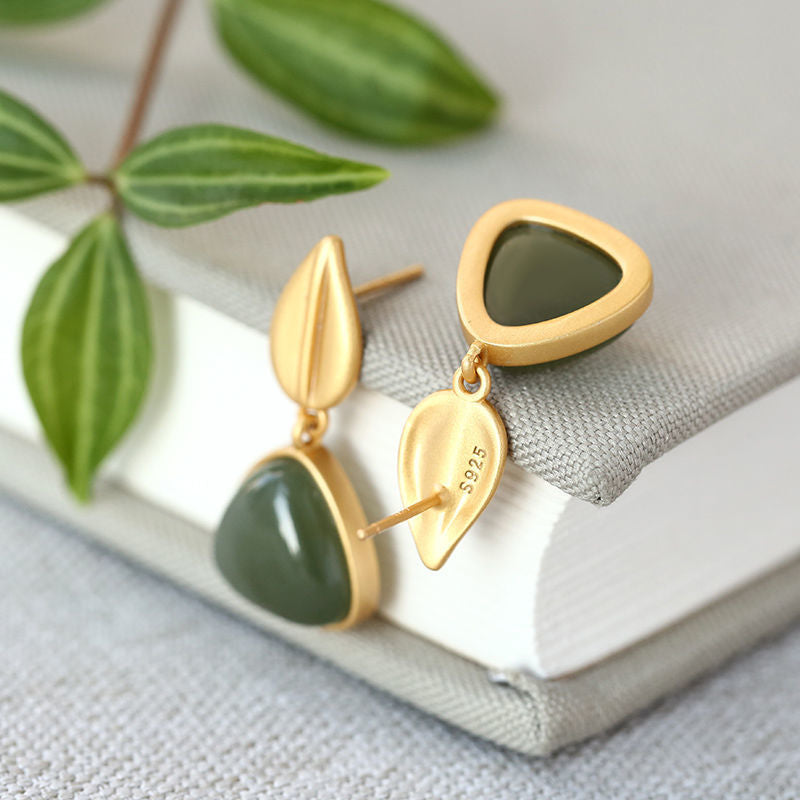Hetian Green Jade Leaf Stud Earrings – 18K Gold Vermeil
