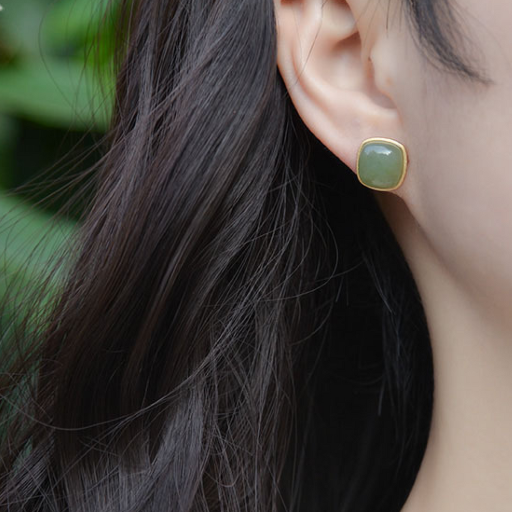 Midsummer Hetian Jade Square Stud Earrings – 18K Gold Vermeil
